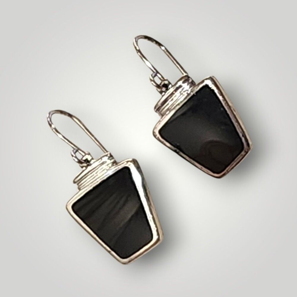 Vintage SU 925 Sterling Silver Onyx Inlay Dangle Pierced Hook Earrings 6g - Picture 2 of 8